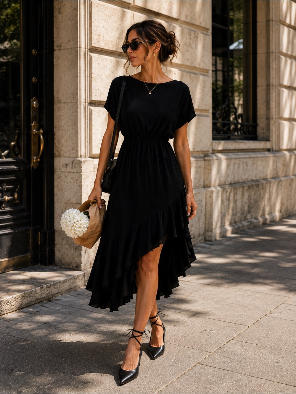 Molly Bracken Black High-Low Ruffle Midi Dress
